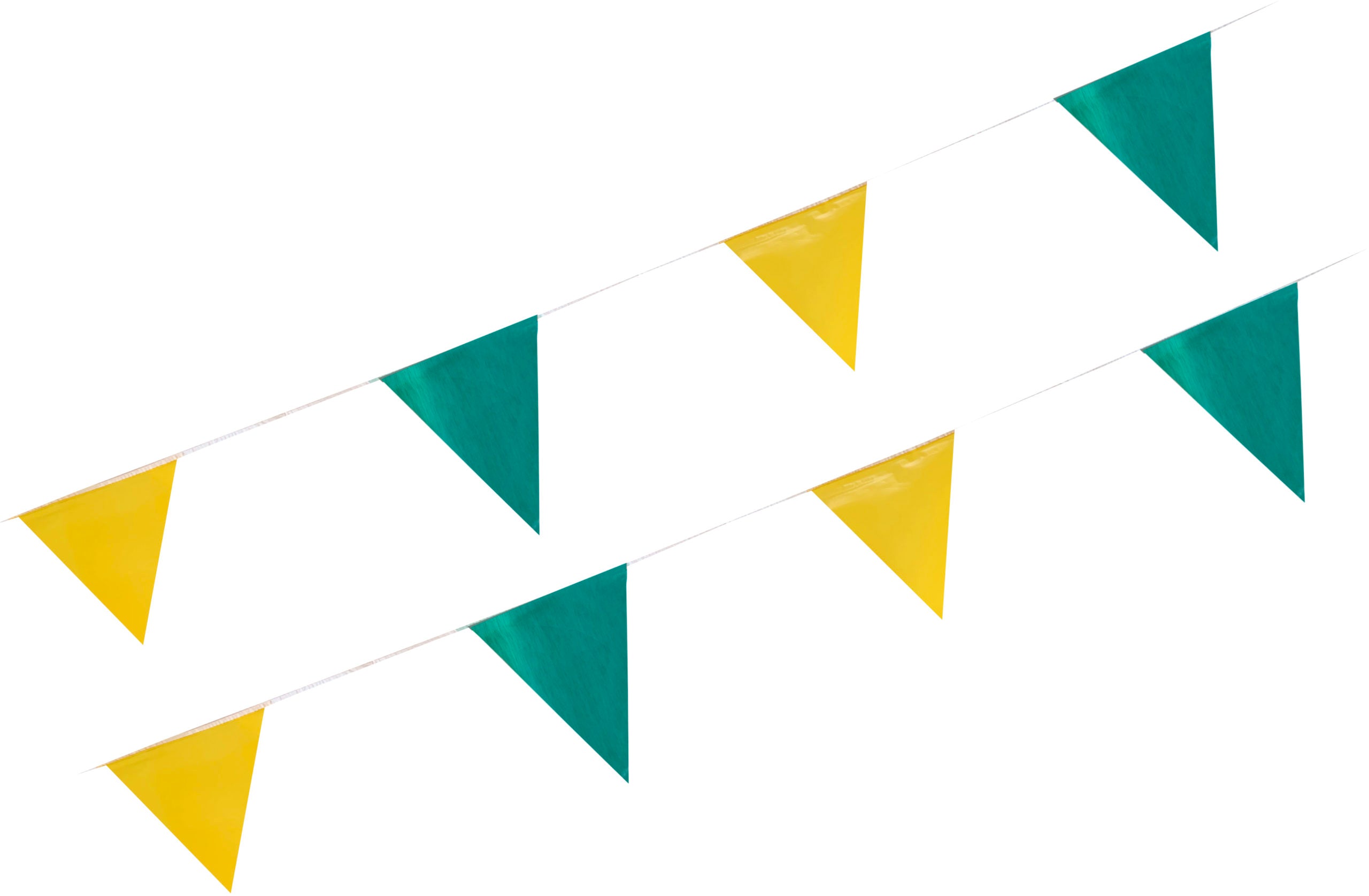 Tira de banderines triangulares intercalados en colores amarillo y verde bandera con guía de rafia blanca, ideal para decoración de eventos, fiestas temáticas, tiendas, exposiciones, lavado de coches y lotes en venta, largo total de 50m con 84 banderines.