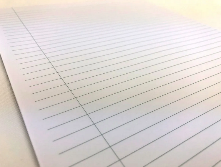 Paquete de 20 blocks de papel bond tamaño carta, 25 hojas cada uno, con rayas grises y respaldo de cartón, ideal para congresos y convenciones.