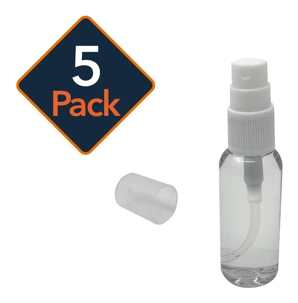 Paquete de 5 botellas de bolsillo de plástico PET cristalino de 20 ml, con atomizador push blanco y tapa, ideal para llevar en el bolsillo, mochila o tener en el trabajo.