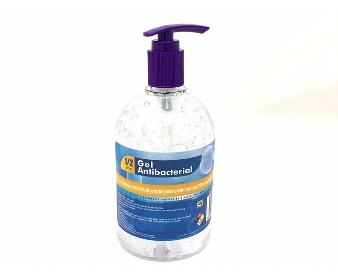 Envase de alcohol en gel al 70% de 500 ml con aplicador, eficaz para desinfectar manos, libre de perfume y colorantes, con propiedades antibacterianas y de amplio espectro.