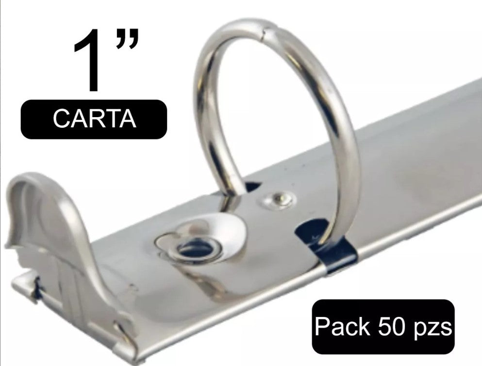 Paquete de 50 piezas de herraje tamaño carta de tres argollas circulares con diámetro de 1 pulgada, base angosta de 17 mm, acabado níquel. Ideal para carpetas y encuadernación de documentos. Capacidad para 200 hojas estándar.