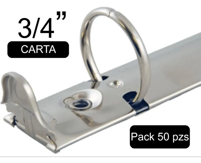 Mecanismo de tres argollas de 3/4 de pulgada, con palancas abatibles, acabado niquelado (plata), ideal para encuadernación, almacenamiento de 150 hojas y uso en tableros, pack de 50 piezas.