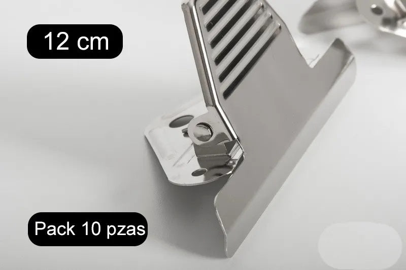Pack de 10 piezas de clip Jumbo metálico de 12 cm con acabado níquel y perforaciones de 0.4 cm de diámetro, diseñado para tablas de notas y carpetas.
