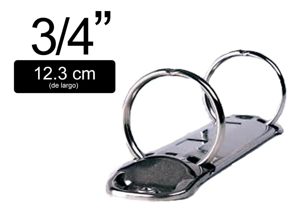 Paquete de 20 piezas de herraje tamaño especial de dos argollas circulares con diámetro de .75 pulgadas y separación de 8 cm. Acabado níquel plateado, base de 17 mm angosta y capacidad para 150 hojas. 