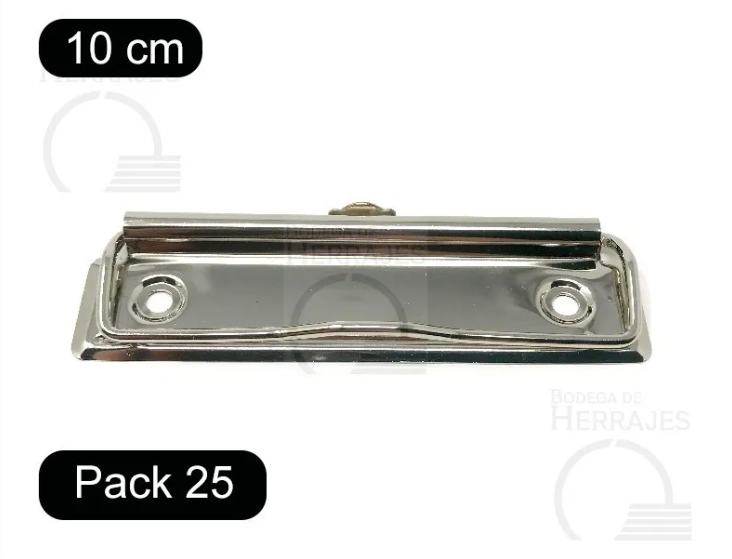 Paquete de 25 piezas de clip sujetador metálico de 10 cm con alambre plano de presión, ojillo retráctil para colgar, terminado niquelado (plata), ideal para carpetas, tableros y menús.