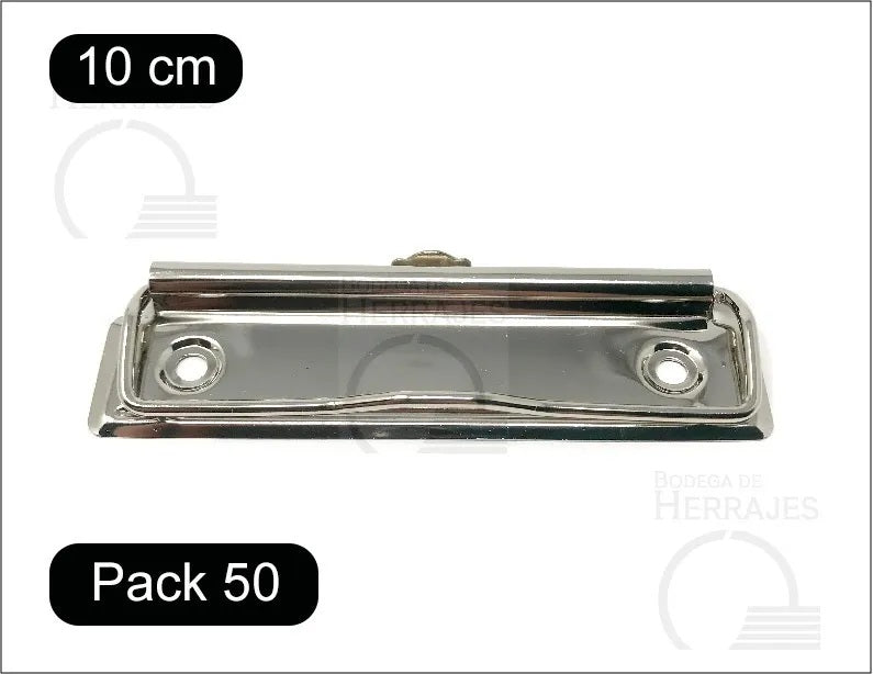 Paquete de 50 piezas de clip sujetador metálico de 10 cm con alambre plano de presión, ojillo retráctil para colgar, terminado niquelado (plata), ideal para carpetas, tableros y menús.