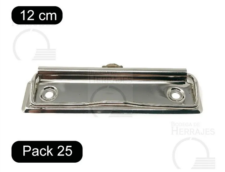 Paquete de 25 piezas de clip sujetador metálico de 12 cm con alambre plano de presión, ojillo retráctil para colgar, terminado niquelado (plata), ideal para carpetas, tableros y menús.