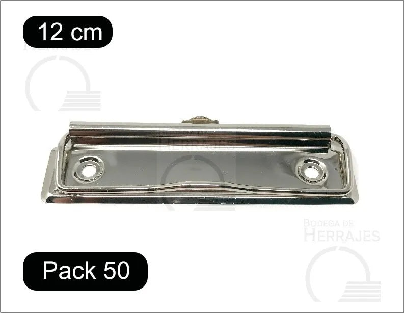 50 piezas de clip sujetador metálico de 12 cm con alambre plano de presión, ojillo retráctil para colgar, terminado niquelado (plata), ideal para carpetas, tableros y menús.