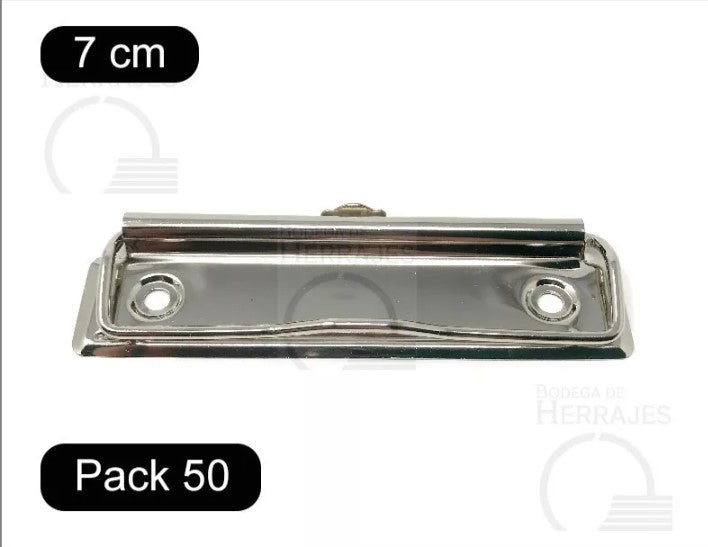Paquete de 50 piezas de clip sujetador metálico de 7 cm con alambre plano de presión, ojillo retráctil para colgar, terminado niquelado (plata), ideal para carpetas, tableros y menús.