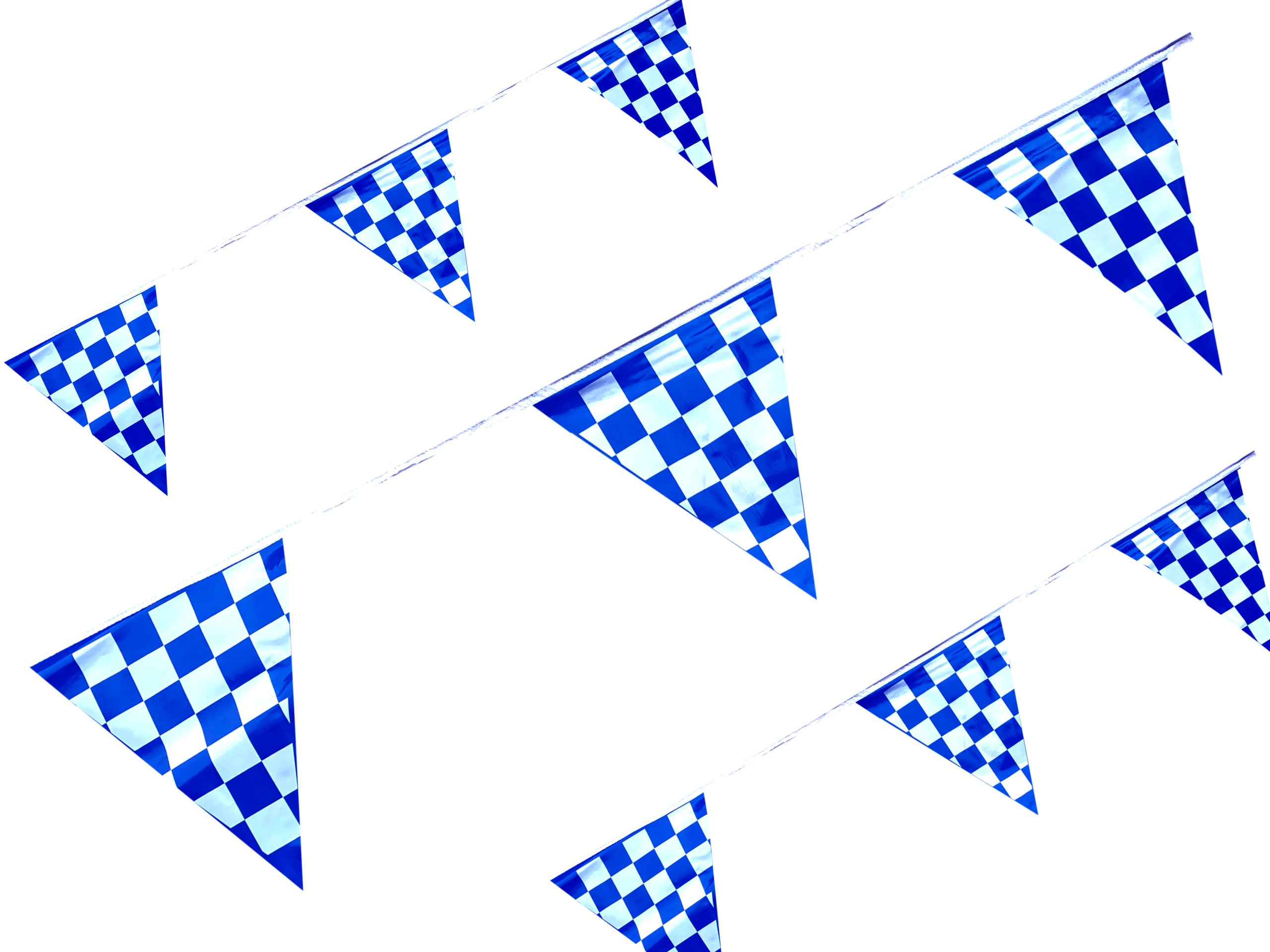 Tira de banderín de plástico polietileno de 50 metros con diseño impreso a cuadros azul y blancos, ideal para eventos deportivos y decoración de fiestas, con 85 banderines de 34 cm de largo y 28 cm de ancho, apta para exteriores.