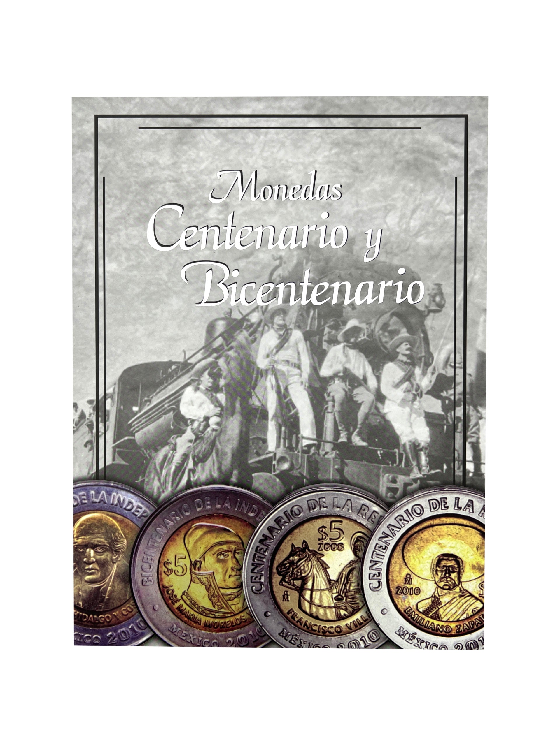 Álbum para coleccionar monedas conmemorativas del Bicentenario y Centenario de $5 pesos mexicanos, con espacio para 38 monedas, impresión en offset y cartón rígido, ideal para coleccionistas numismáticos.
