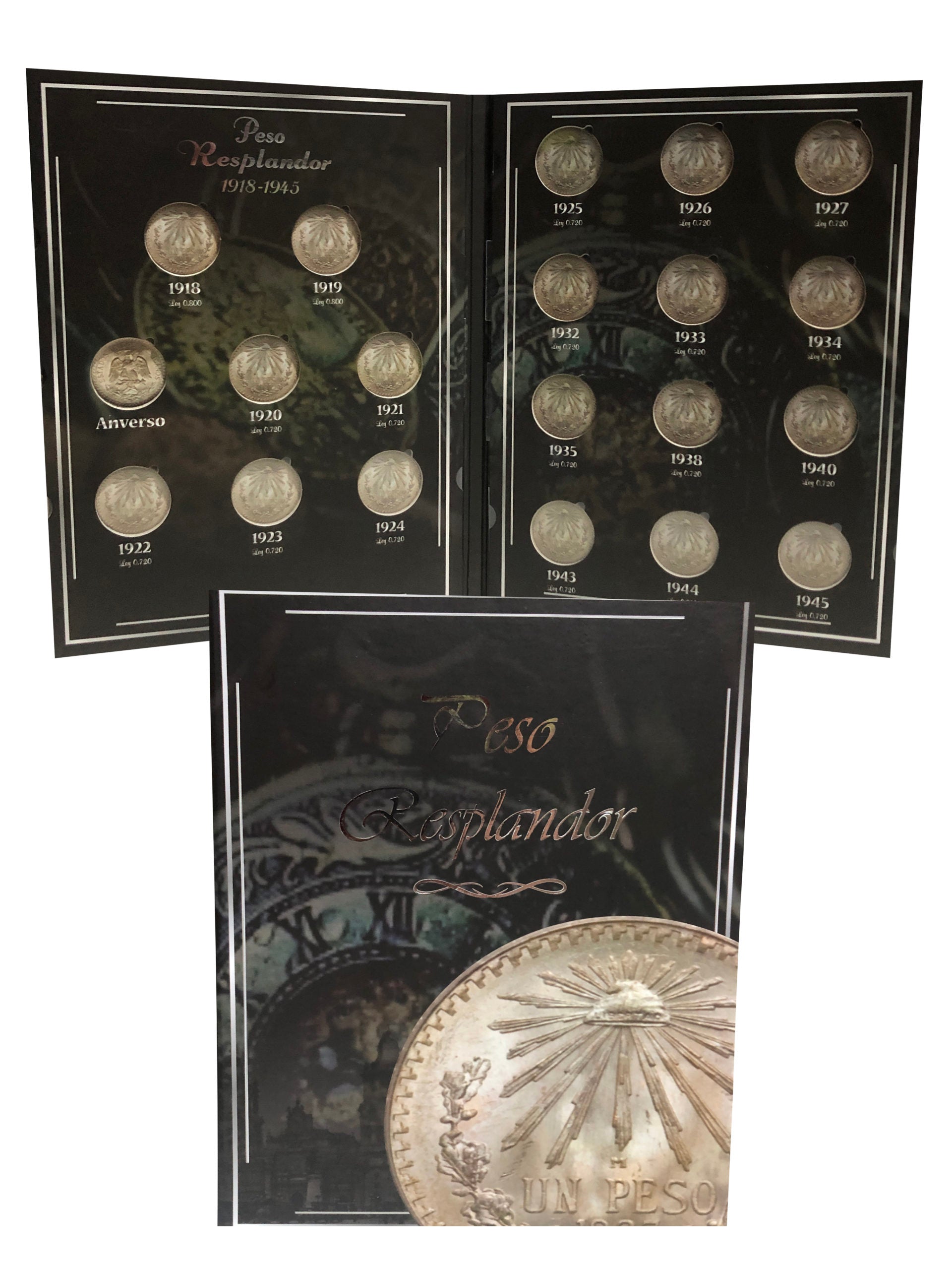 Álbum para colección de monedas mexicanas de $1 peso plata ley 0.720 y 0.800 Resplandor (1918-1945), con espacios protegidos para 20 monedas y diseño premium.