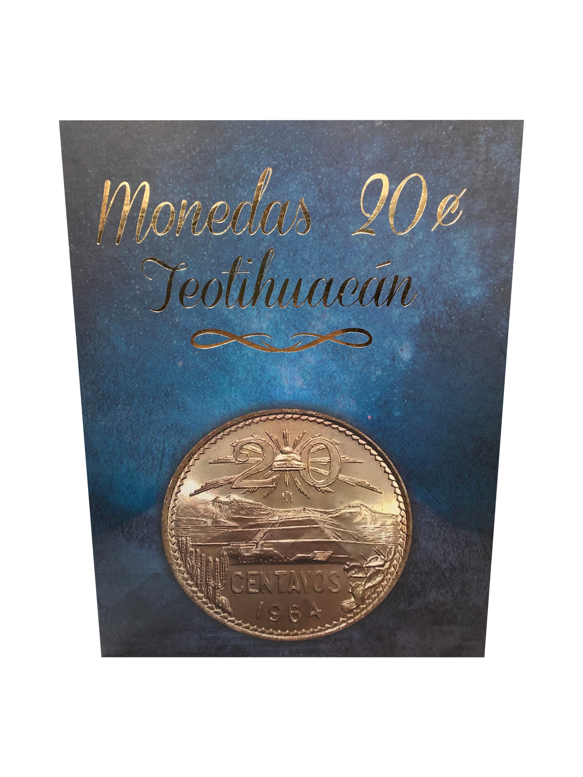 Álbum para colección de monedas mexicanas de 20 centavos con diseño de la pirámide de Teotihuacan, ideal para coleccionistas. Incluye espacios designados con fechas de emisión.