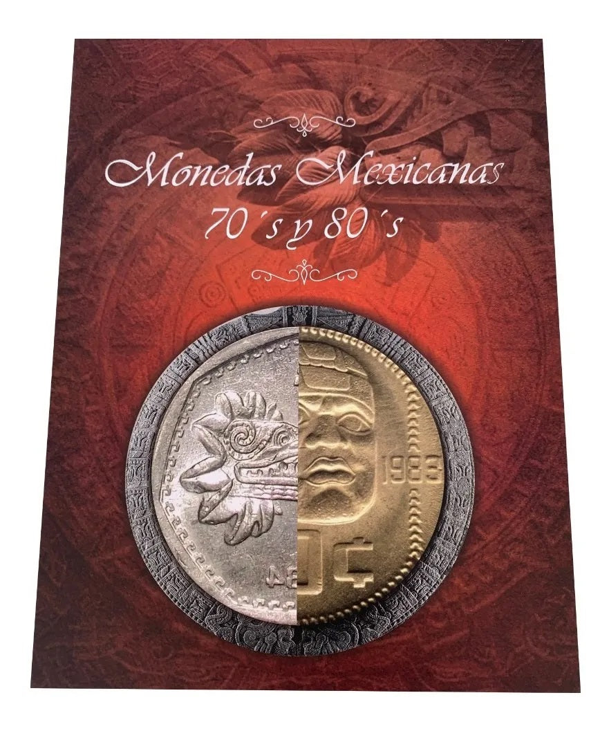 Álbum coleccionador de monedas mexicanas de las décadas de 1970 y 1980, con capacidad para 28 monedas de varias denominaciones, diseño de pasta dura con letras metalizadas doradas y funda protectora.