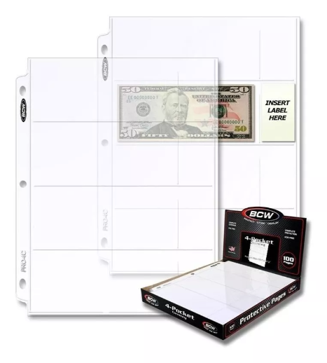 Micas BCW Pro de 4 espacios para billetes medianos, fabricadas en EE.UU., con capacidad para almacenar 4 billetes de hasta 6.65 x 15.5 cm y espacio para ficha o etiqueta. Hechas de polipropileno libre de ácido, con medidas totales de 23 x 29.21 cm.