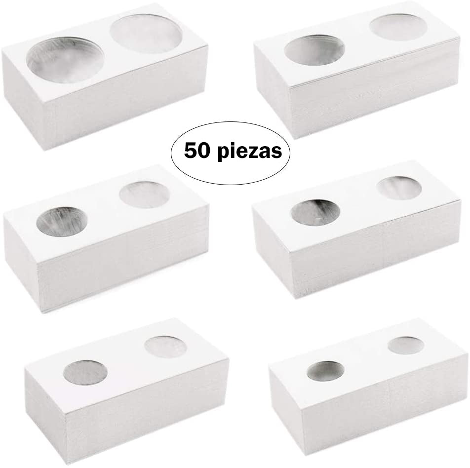 Pack de 50 cartones protectores para monedas con celofán, color blanco cartón premium, libres de ácidos y PVC, disponibles en 12 tamaños, ideales para coleccionistas.