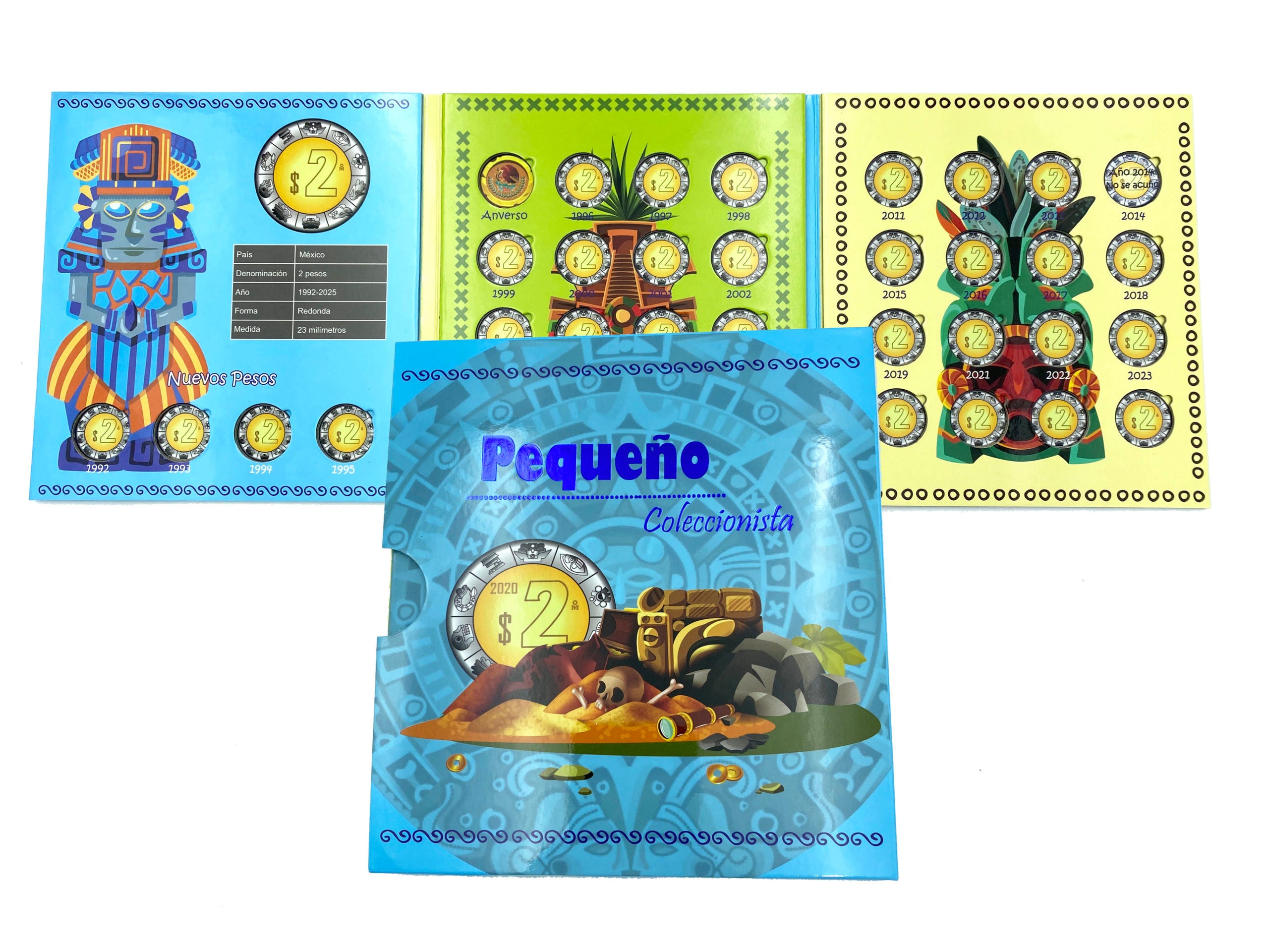 Álbum tríptico pequeño para colección de monedas de dos pesos mexicanos, con 36 espacios desde 1992 hasta el presente, diseñado con imágenes de culturas antiguas. Incluye funda protectora, ideal para fomentar el ahorro y el interés numismático en niños y jóvenes.