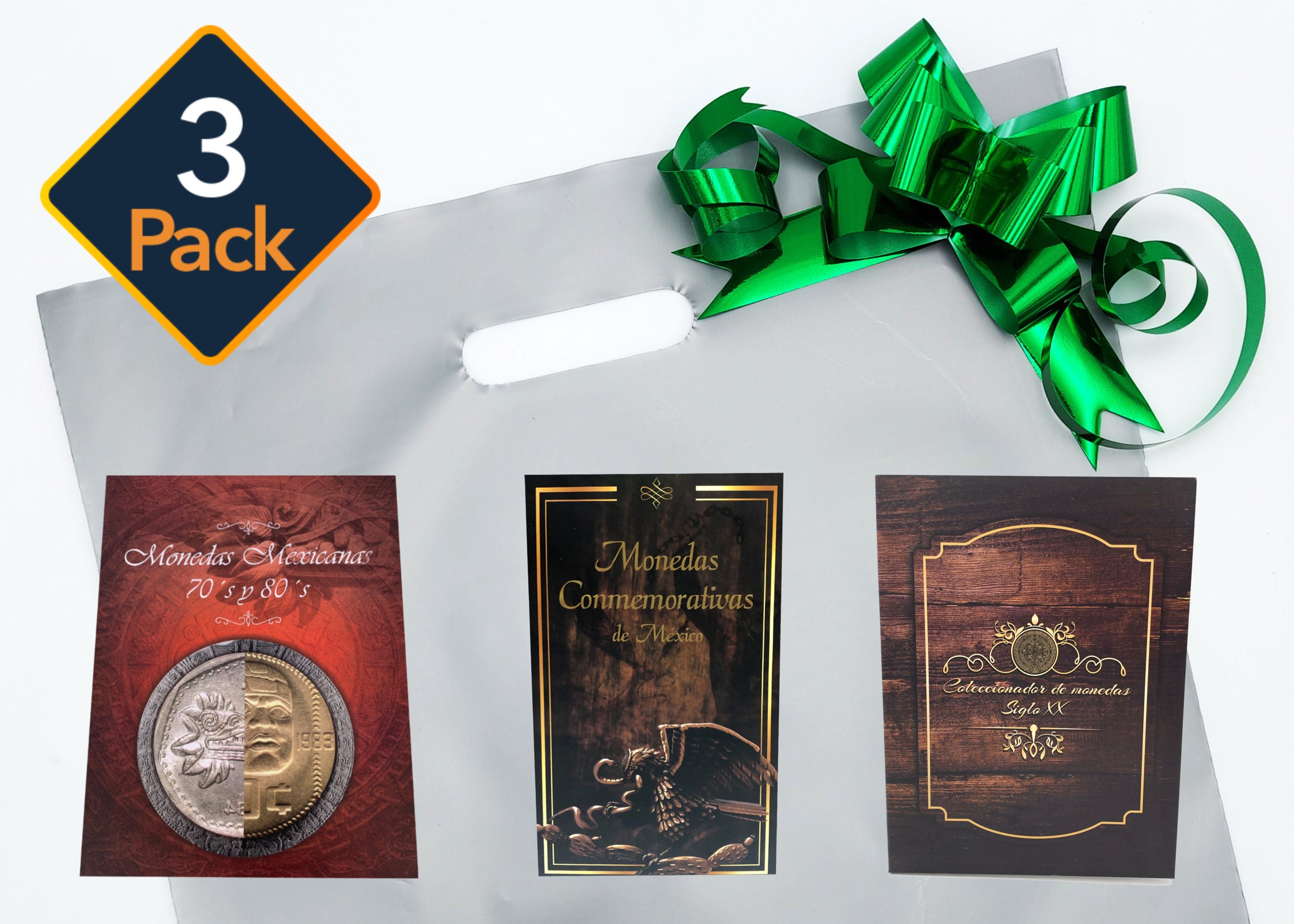 Set de 3 coleccionadores para monedas mexicanas, incluye álbum cuadríptico para monedas conmemorativas y billetes, álbum siglo XX y álbum de las décadas 70s y 80s, empastados en cartón con caja protectora, ideal para coleccionistas y numismáticos interesados en la historia monetaria de México.