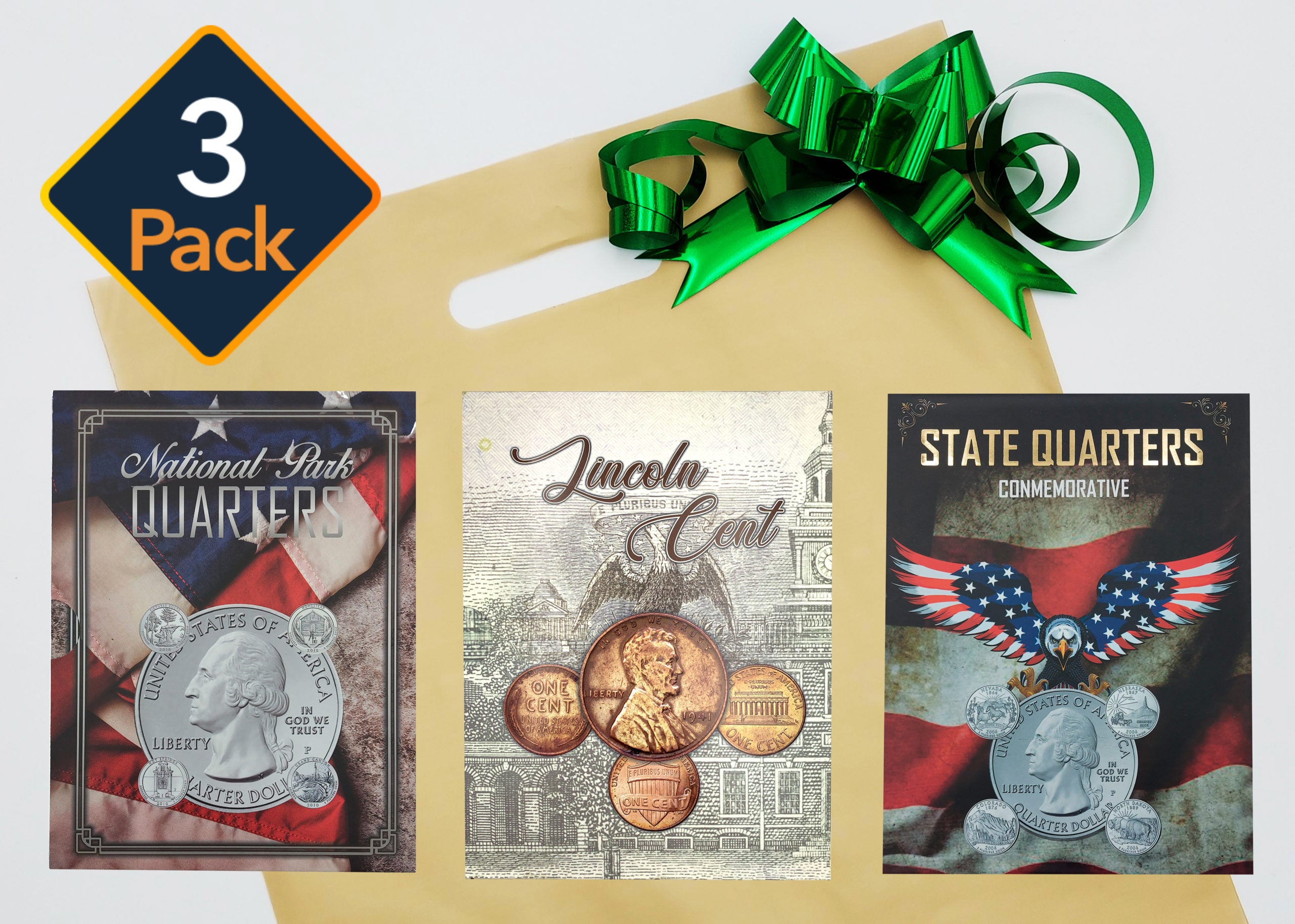 Set para coleccionistas con 3 álbumes para monedas estadounidenses, incluye colección de parques nacionales (2010-2021), Lincoln Penny (1909-2025) y estados nacionales (1999-2009), empastados en cartón con caja protectora y listos para regalar, ideal para numismáticos.