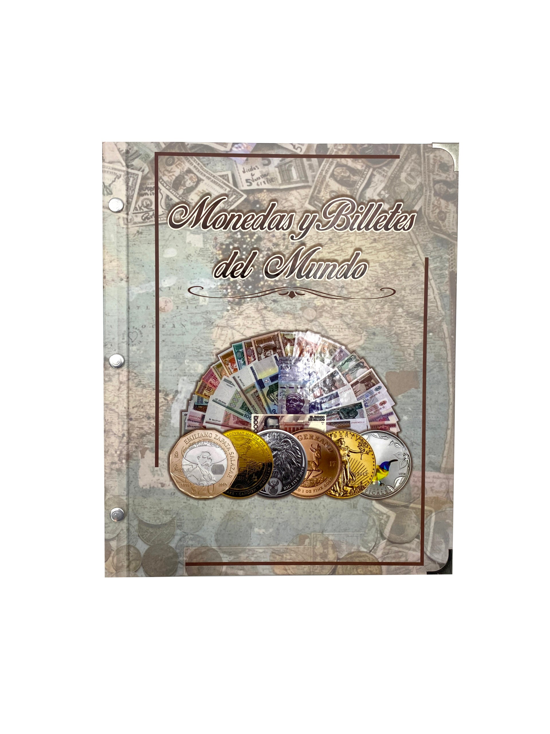 Álbum tipo carpeta para insertar micas de billetes y monedas, con postes de aluminio para agregar hojas. Medidas cerradas de 25x30.5 cm, fabricado en cartón rígido con impresión offset. Este producto no incluye micas ni billetes